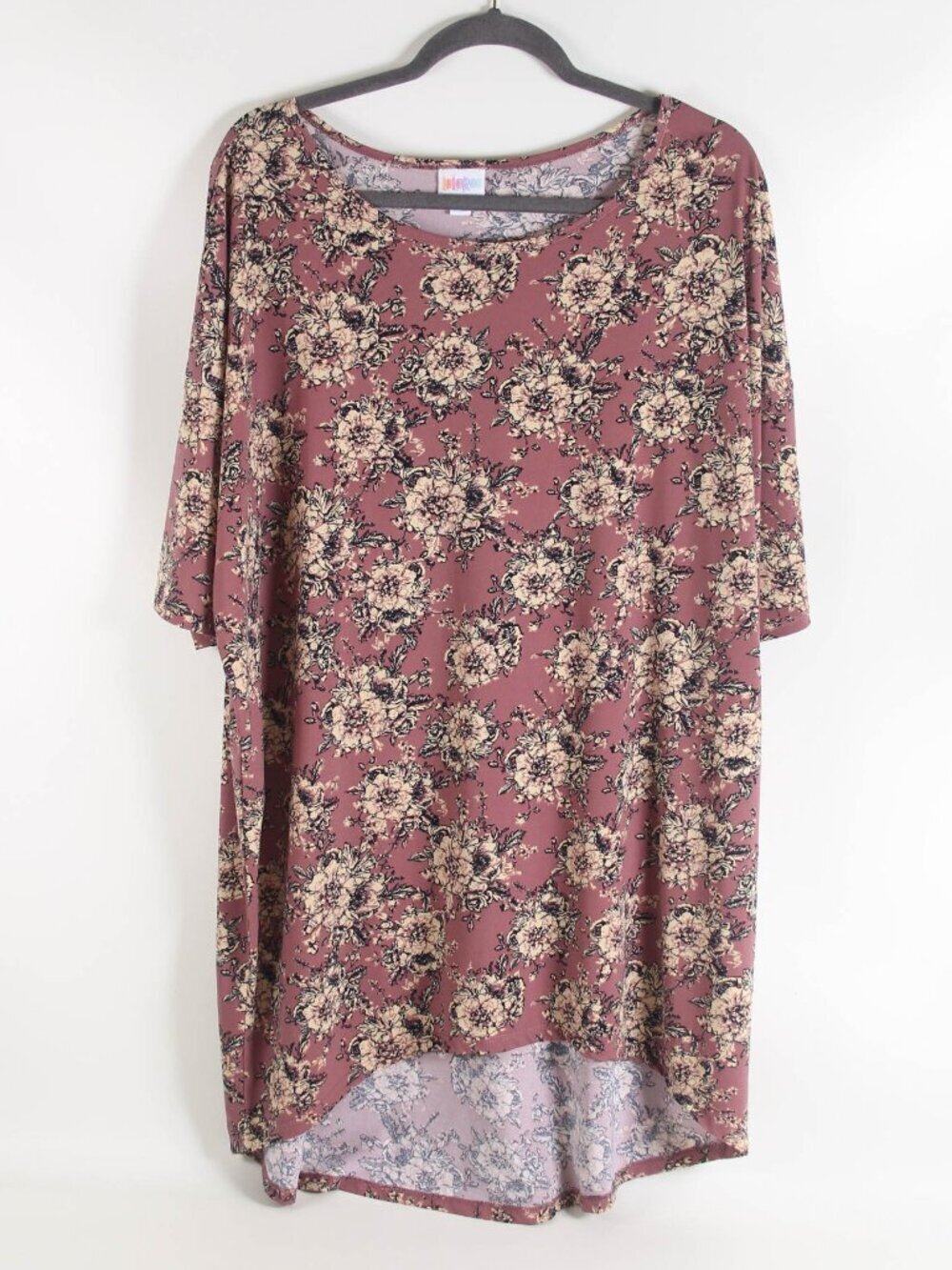 LuLaRoe Irma Tunic Top XL Mauve Pink Floral Hi Low Hem Stretchy Boho Casual
